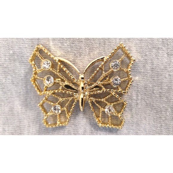 Vtg 1980s Gerrys Brooch Lapel Pin Butterfly Clear Rhinestones Gold Tone Metal - Picture 3 of 8